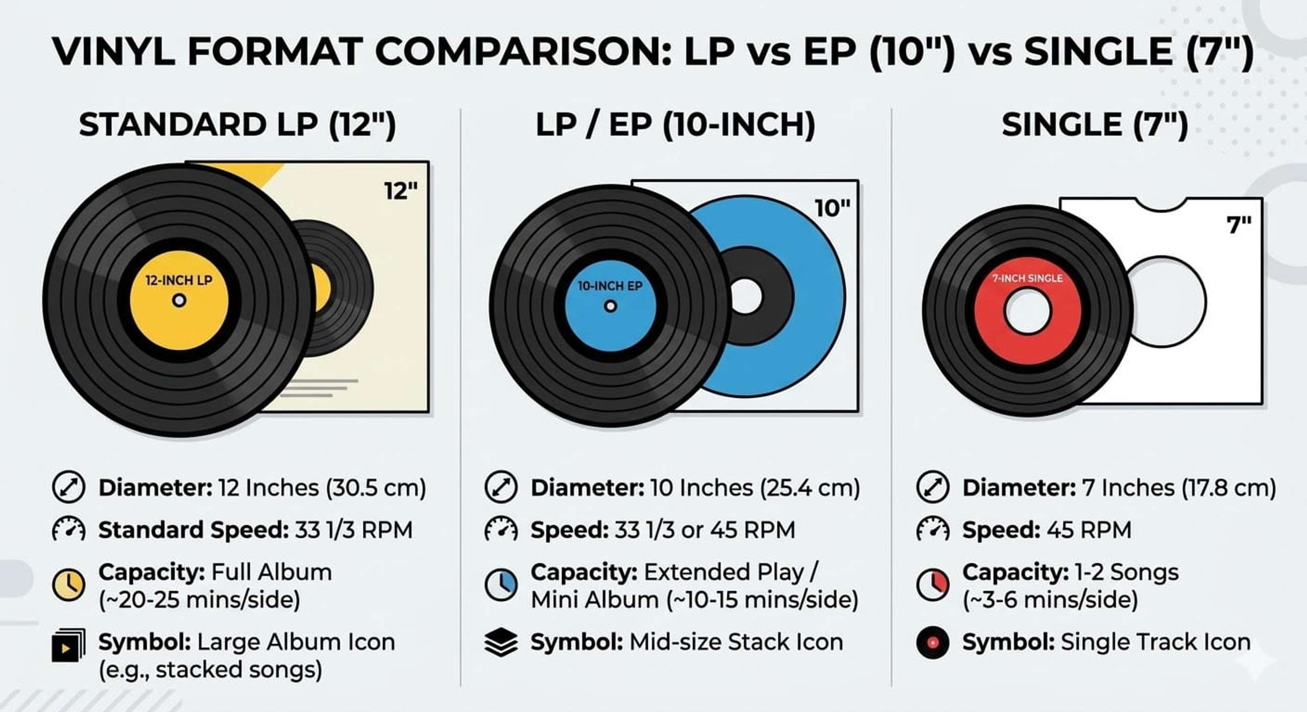 EP vs LP vinyl format comparison infographic