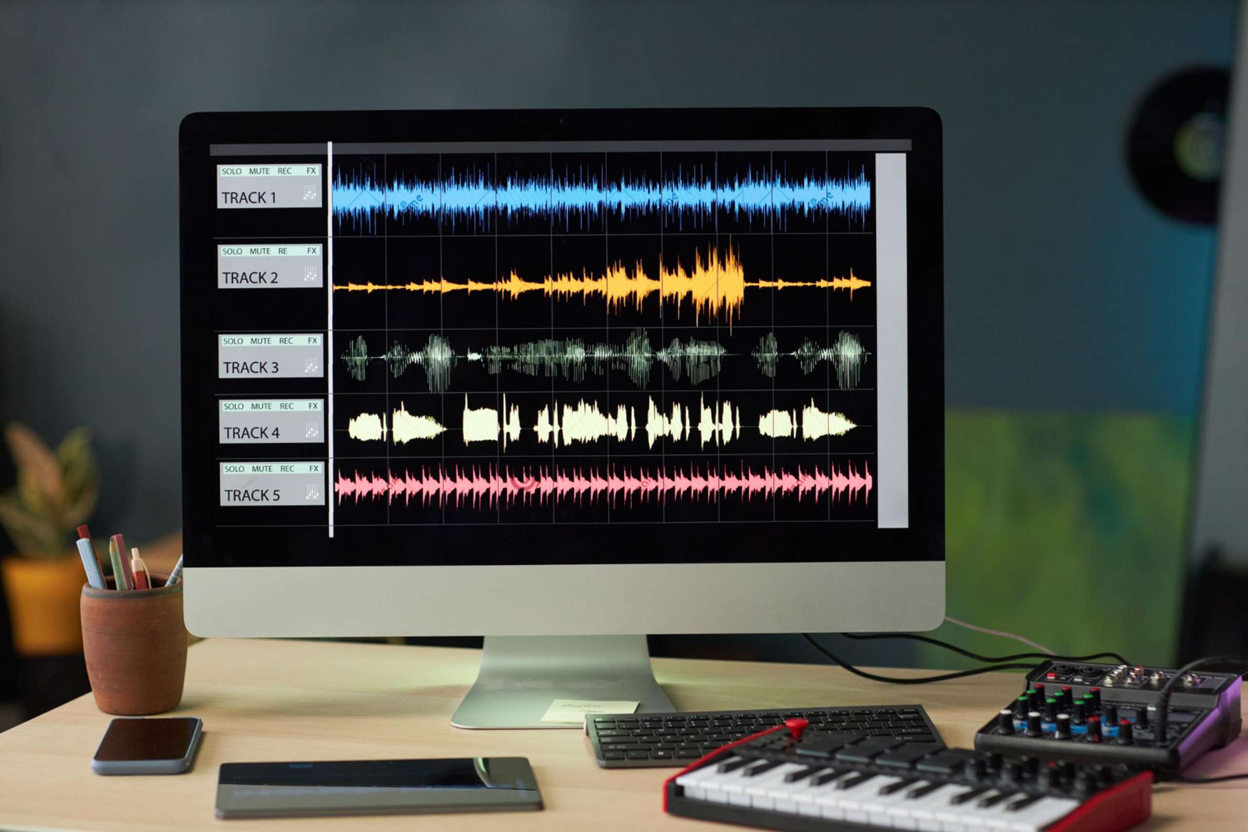 Computer screen displaying colorful audio waveforms on a digital audio workstation, surrounded by a keyboard, mouse, and audio equipment.