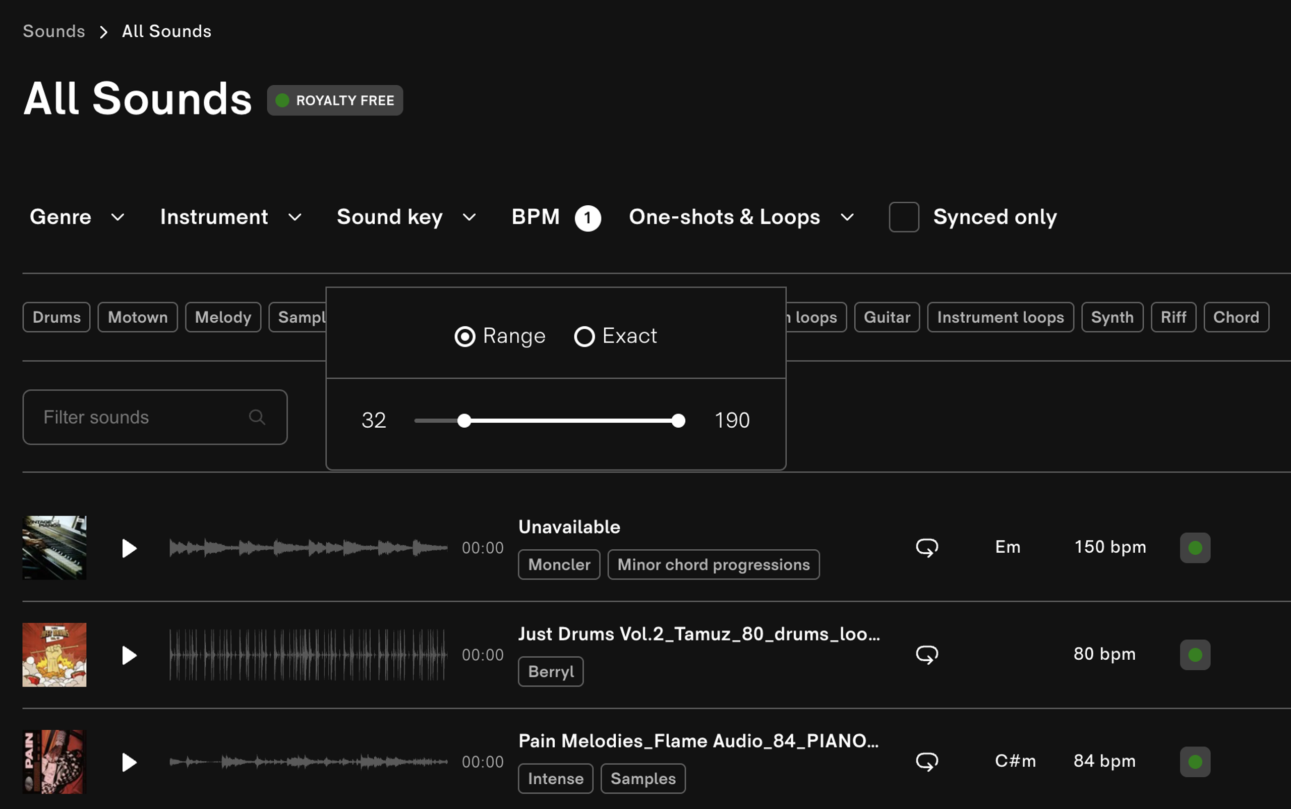 screenshot of sound filters in desktop app