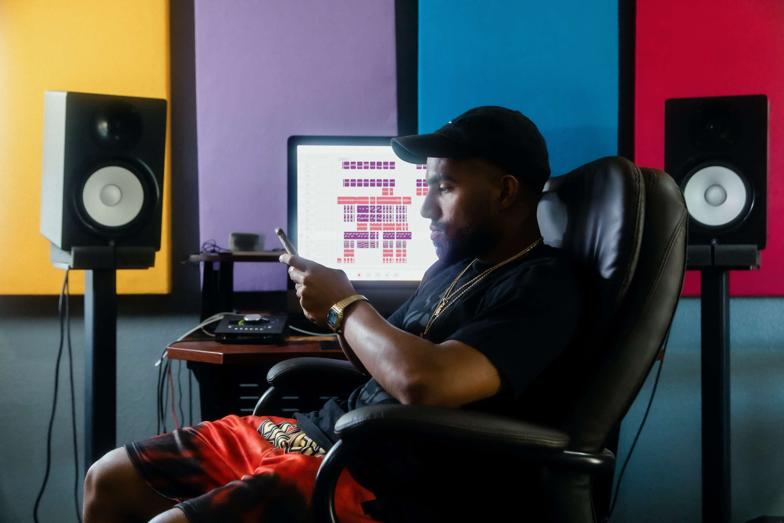 comfortable chair in a home recording studio